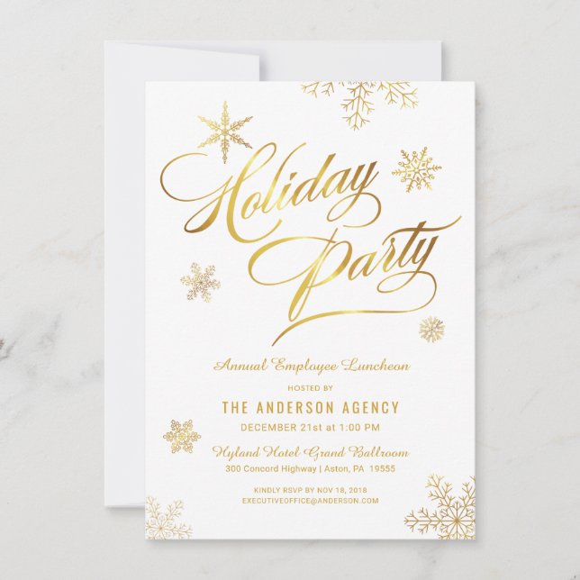 Corporate Holiday Luncheon Elegant Gold Snowflakes Card (Front)