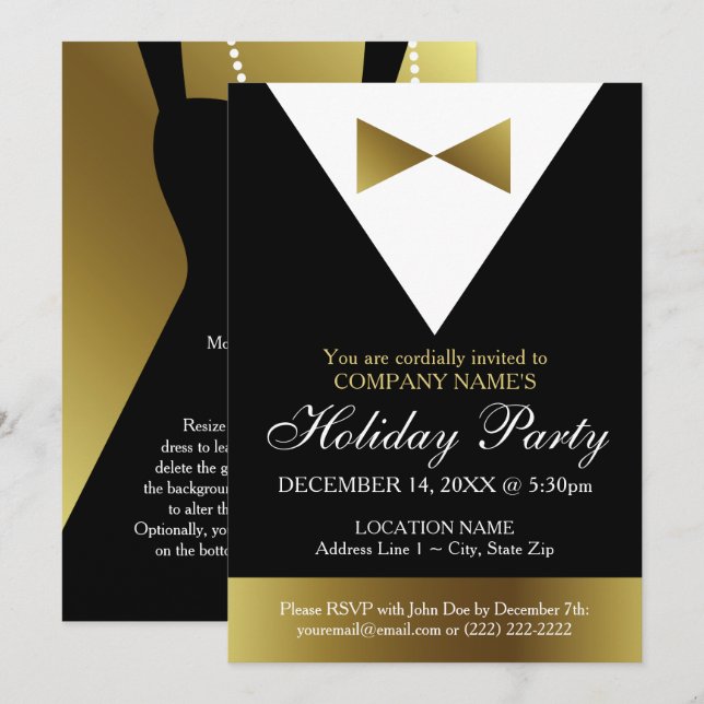 Corporate Holiday Party | Black and Gold Tuxedo Invitation (Front/Back)