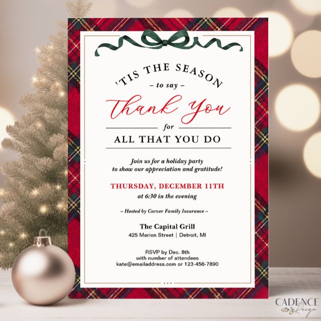 Corporate Holiday Party Invitation - Thank You Red (Company Holiday Party invitation with classic red plaid and a thank you message to show gratitude)