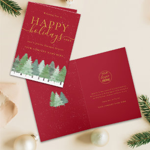 Corporate Logo Christmas Woodland Snow Red Gold Holiday Card