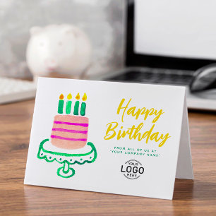Corporate Logo Cute Pink Green Cake Birthday Card
