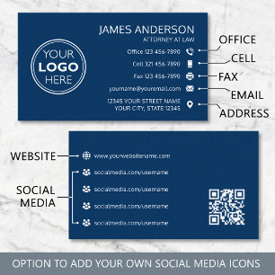 Corporate Logo Fax QR Code Professional Navy Business Card