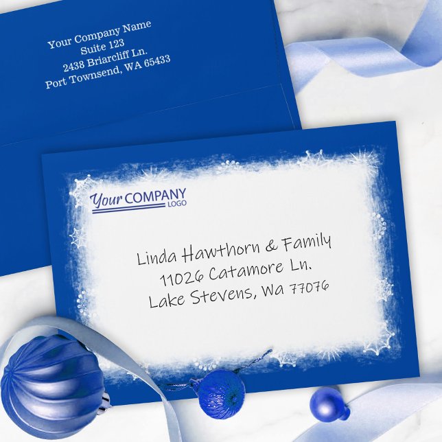 Corporate Logo Festive Blue Pre-addressed Envelope (blue Christmas card envelope, white logo address, business employee holiday, white winter snowflakes)