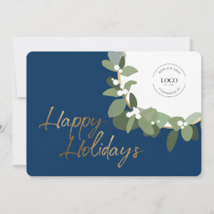 Corporate Logo Gold Happy Holidays Blue Modern Holiday Card