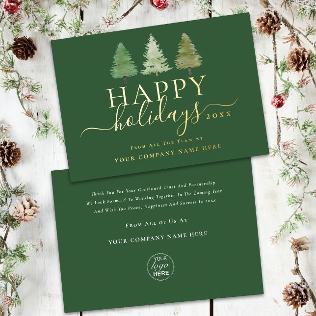 Corporate Logo Happy Holiday Xmas Tree Script Gold (Corporate logo happy holidays Christmas pine trees elegant gold foil script business holiday card)