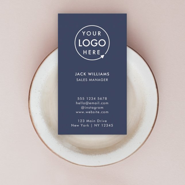 Corporate Logo | Navy Blue Minimalist Vertical Business Card (Create a sleek professional branded look with this vertical navy blue business card design.)