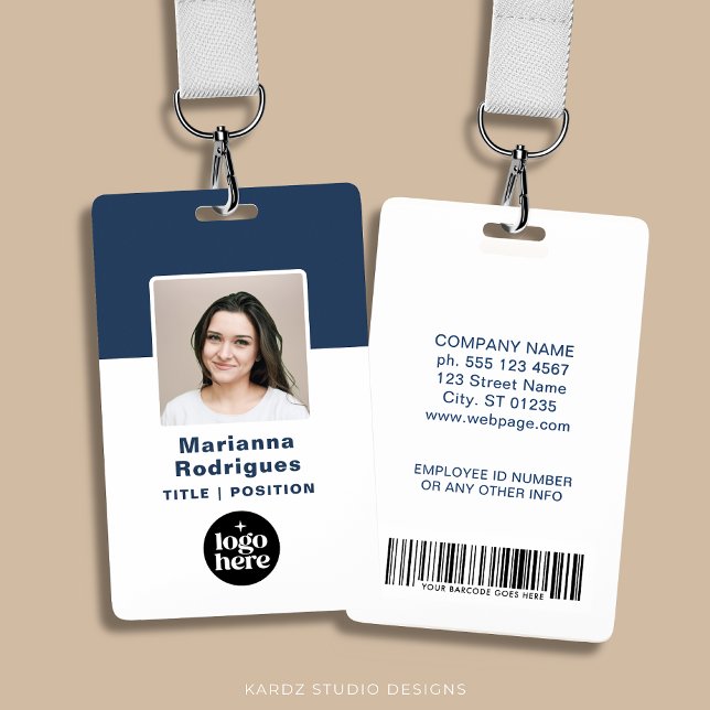 Corporate Logo Photo Barcode Custom Employee ID Badge (Customize with photo, name, title, business logo, contact info a security barcode.)