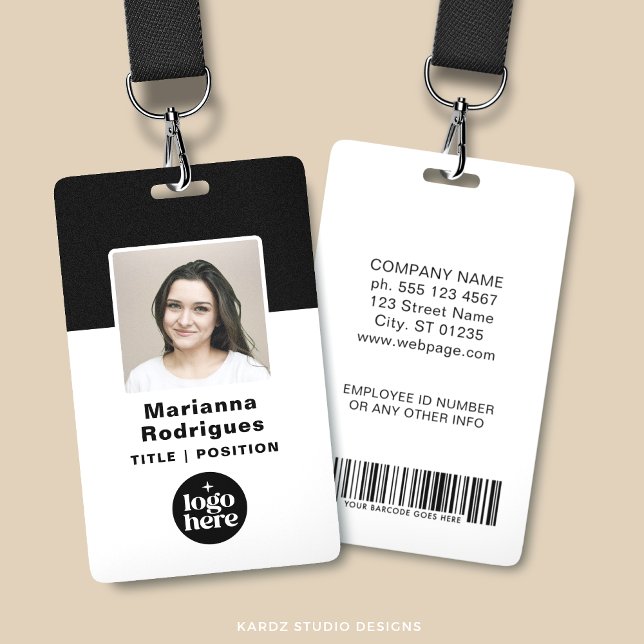 Corporate Logo Photo Barcode Custom Employee ID Badge (Customize with photo, name, title, business logo, contact info a security barcode.)