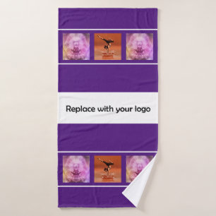 Corporate logo photo collage purple white bath towel