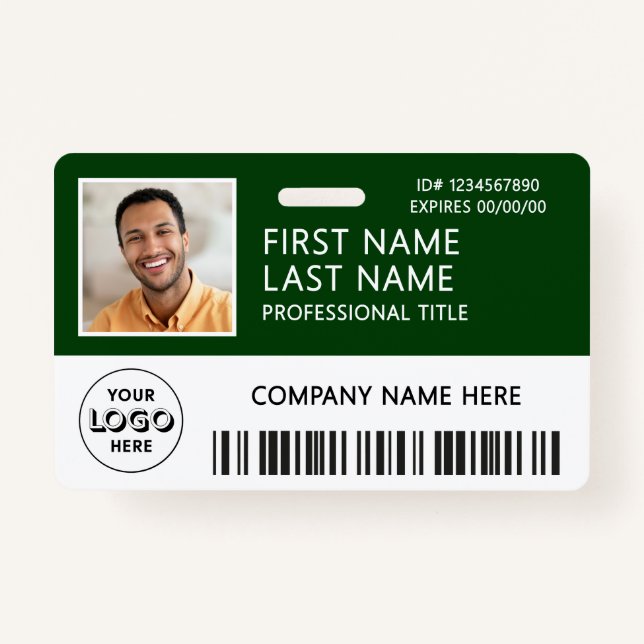 Corporate Logo Photo ID Barcode Dark Green Name ID Badge (Front)