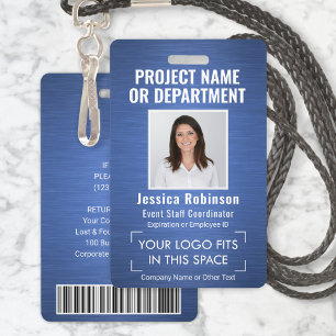 Corporate Logo Photo ID QR Barcode Brushed Blue Badge