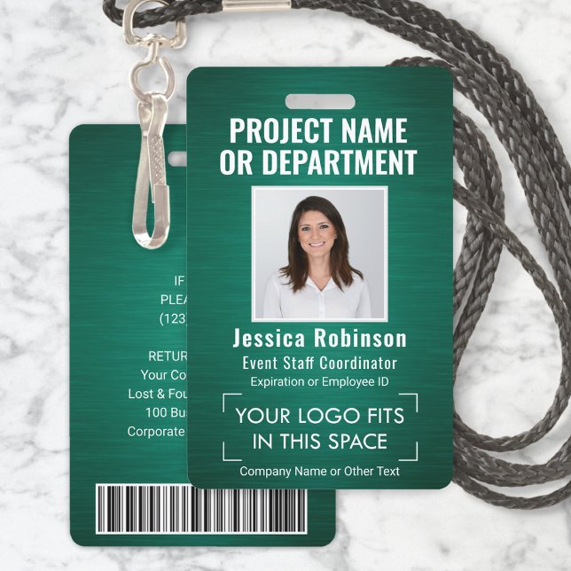 Corporate Logo Photo ID QR Barcode Brushed Green Badge (Creator Uploaded)