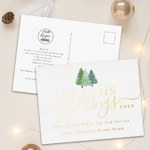 Corporate Logo Seasons Greetings Script Gold Foil Holiday Postcard