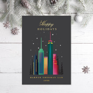 Corporate Office City Skyline Business Foil Holiday Card