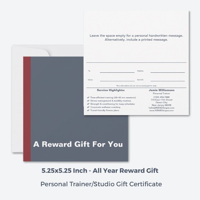 Corporate Personal Trainer Reward Gift Certificate (Square 5.25x5.25 Inch, Corporate Personal Trainer Reward Gift Certificate, Grey, White & Red Accent)