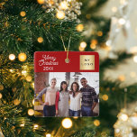 Corporate photo logo Christmas modern red Ceramic Ornament<br><div class="desc">Classic red background colour,  white text.  Text: Merry Christmas.  Personalise and add you business logo,  photo and a year.</div>