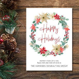 Corporate Poinsettia Wreath Watercolor Holiday Car Card