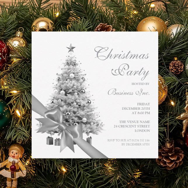 Corporate Silver Christmas Tree Bow Holiday Party Invitation (Corporate Silver Christmas Tree Bow Holiday Party Invitation)