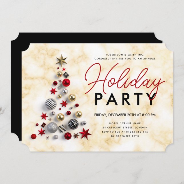 Corporate Xmas Tree Holiday Party Marble Gold Invitation (Front/Back)