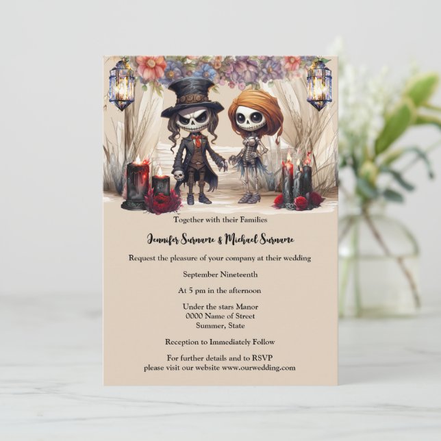 Corpse bride groom skeleton couple goth wedding invitation (Standing Front)