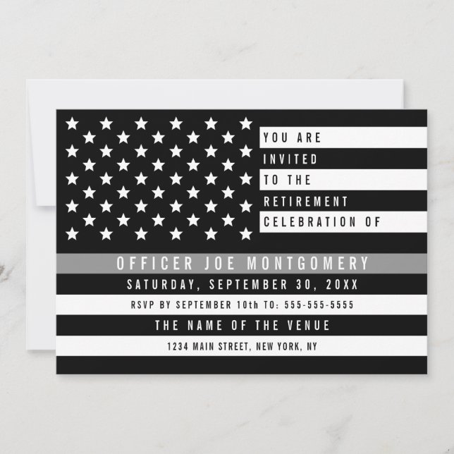 Correction Thin Grey Line American Flag Retirement Invitation (Front)