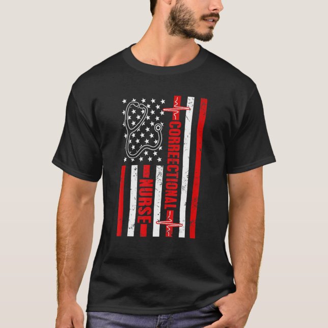 Correctional Nurse Usa American Flag Heartbeat Ste T-Shirt (Front)