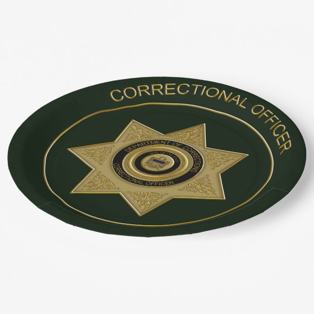 Correctional Officer Badge Grn-Gold-PAPER PLATES (Angled)