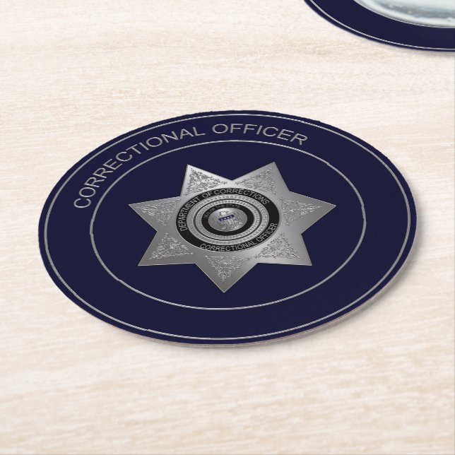 Correctional Officer Badge, Silvr-1-Round Coasters (Angled)