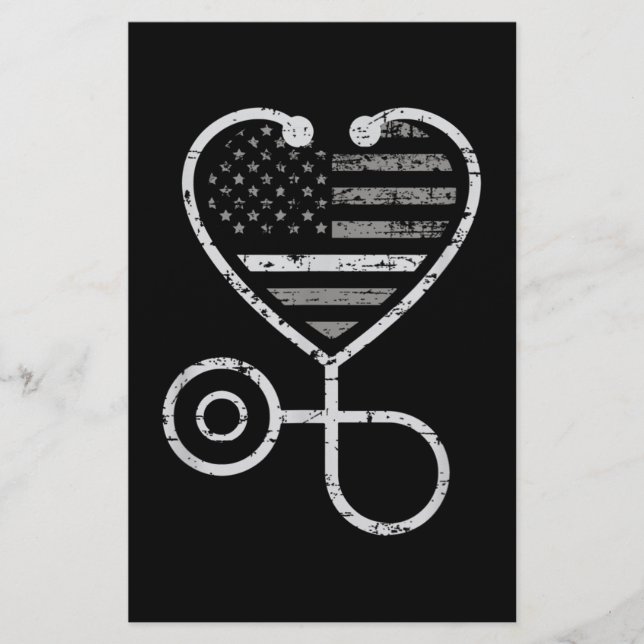 Corrections Nurse Thin Grey Line Heart US Flag Stationery (Front)