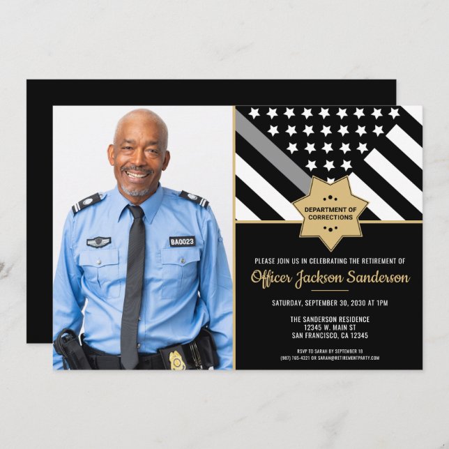 Corrections Officer Retirement Photo Silver Line Invitation (Front/Back)
