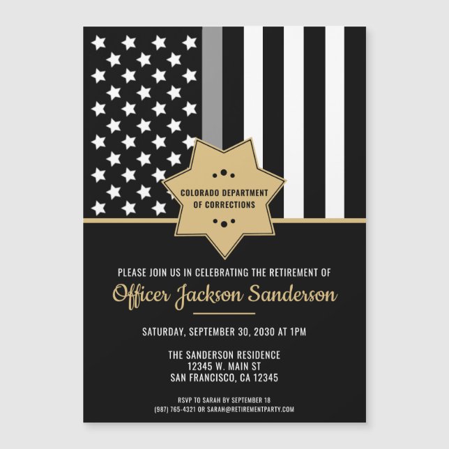 Corrections Officer Retirement Thin Silver Line Magnetic Invitation (Front)
