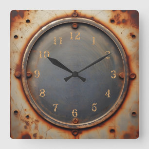 corroded steel circle square wall clock