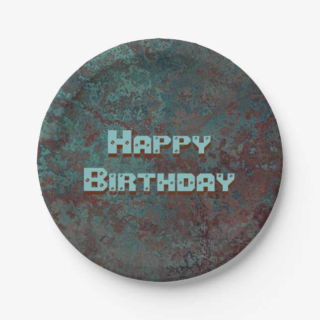 Corrosion "Copper" print Happy Birthday Paper Plate (Front)