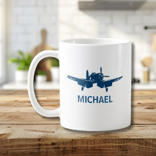 Corsair Vintage Airplane Blue Custom Pilot Name  Coffee Mug