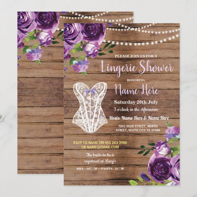 Corset Lingerie Shower Wood Flowers Invite Purple (Front/Back)