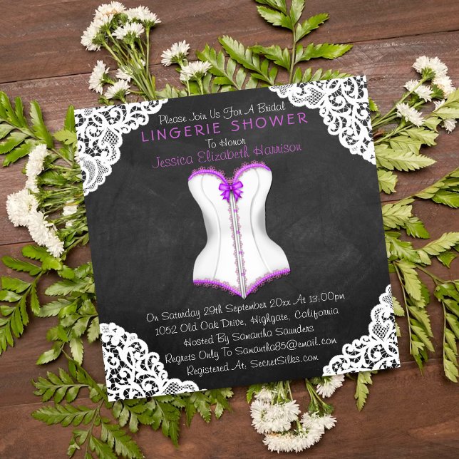 Corset White Lace Chalkboard Lingerie Shower Invitation (Creator Uploaded)