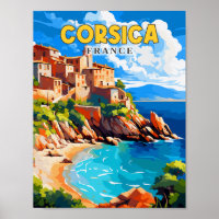 Corsica France vintage travel illustration