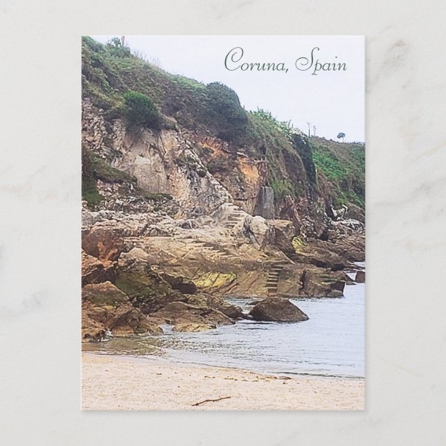 Coruna, Spain | Sandy Beach Inlet And Rocky Cliff Holiday Postcard (Front)