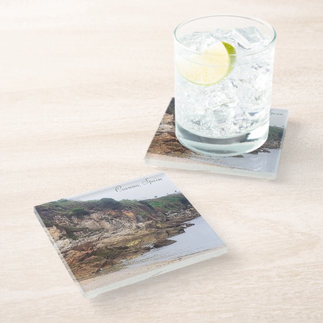 Coruna, Spain | Scenic Beach With Rocky Cliff Glass Coaster (Angled)