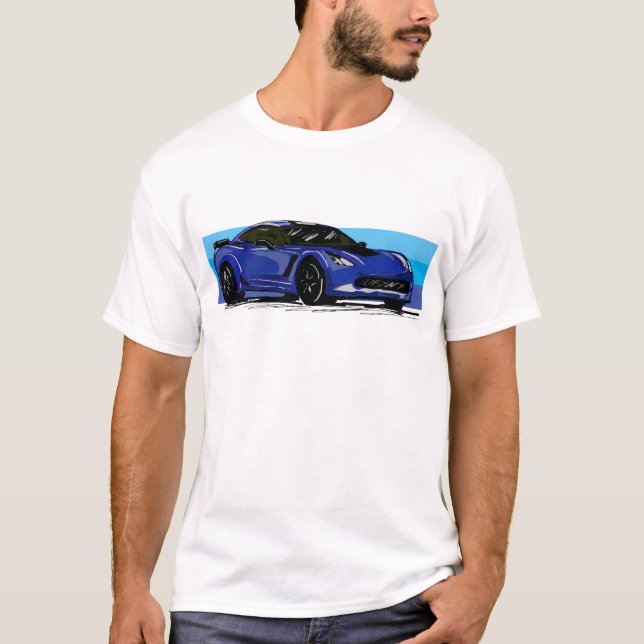 Corvette C7 Blue Sportscar with Blue Stripe  T-Shirt (Front)