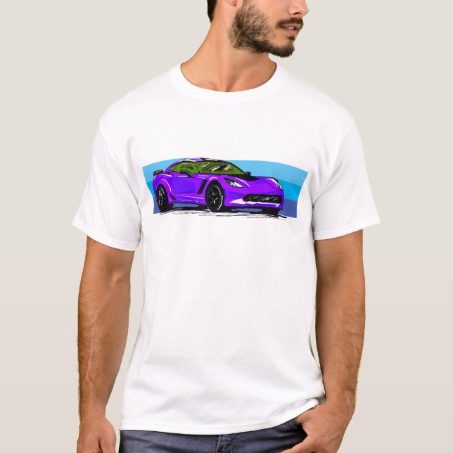 Corvette C7 Purple Sportscar with Blue Stripe  T-Shirt (Front)