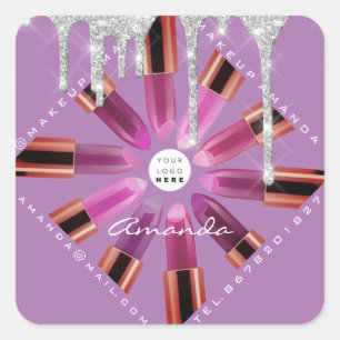 Cosmetic Makeup Artist Pink Lipstick Logo DripGray Square Sticker