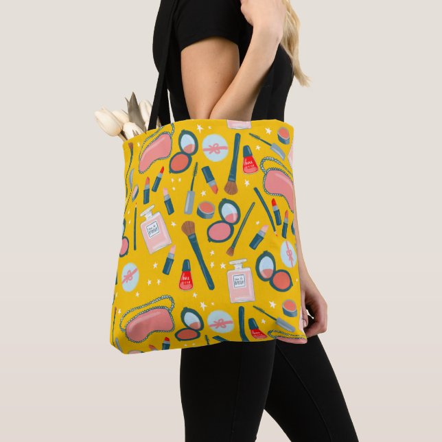 Cosmetics makeup pattern yellow Tote Bag (Close Up)