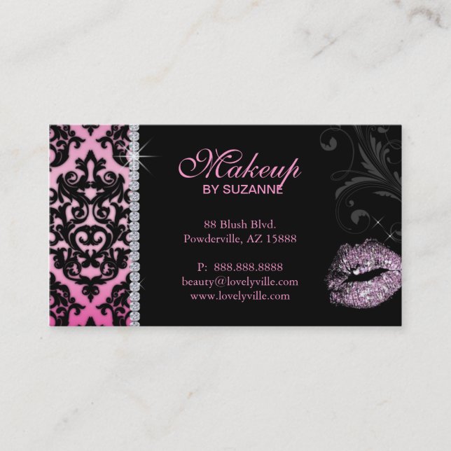 Cosmetologist Business Card Damask Glitter Pink (Front)