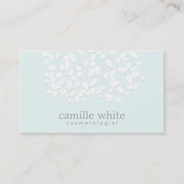 Cosmetologist Pretty White Leaves Light Aqua Blue Business Card (Front)