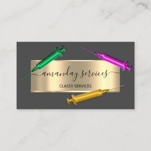 Cosmetologist Syringe Botox B12 QRCode Grey Gold Business Card