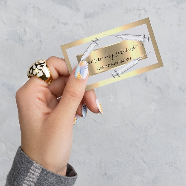 Cosmetologist Syringe Botox B12 QRCode Grey Gold Business Card (Cosmetologist Syringe Botox B12 QRCode Gray Gold Business Card)