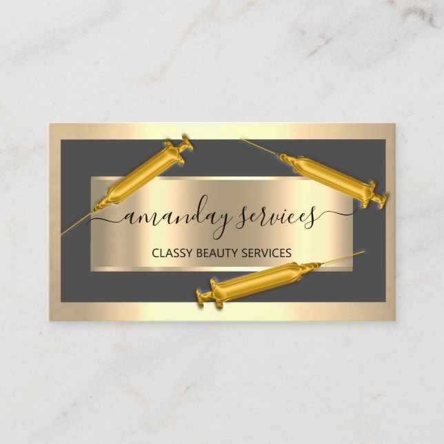 Cosmetologist Syringe Botox B12 QRCode Grey Golden Business Card (Front)