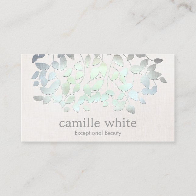 Cosmetology Spa Blue Green Leaves Linen Look Business Card (Front)