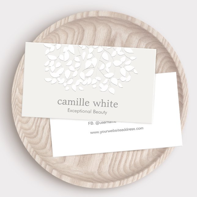 Cosmetology White Embossed Look Leaves Business Card (Creator Uploaded)